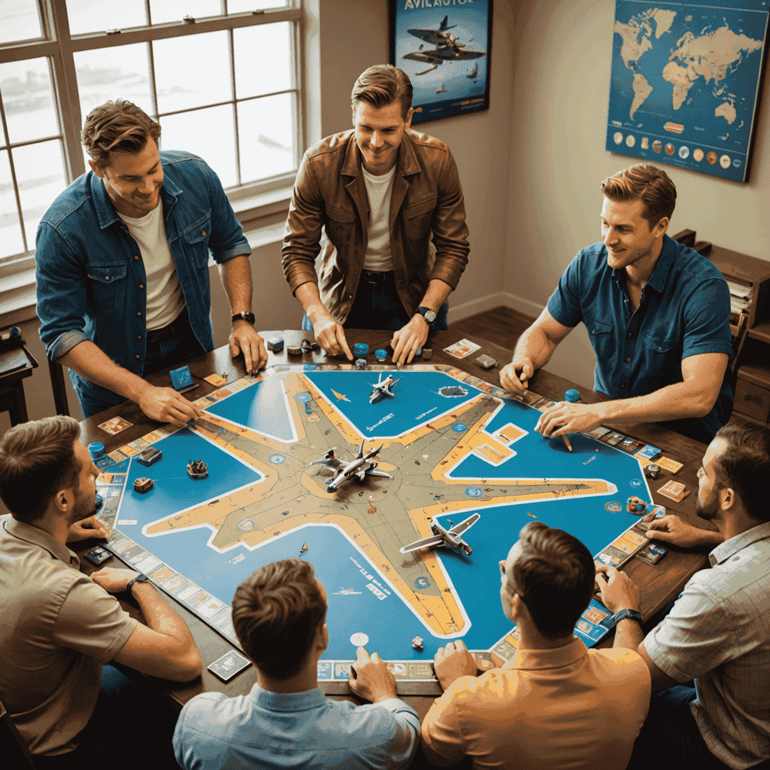 A group of diverse people gathered around a table, engrossed in playing the Aviator board game. The game board features a detailed map with flight paths, miniature airplanes, and cards with aviation-themed illustrations. The players' expressions show excitement and strategic thinking.