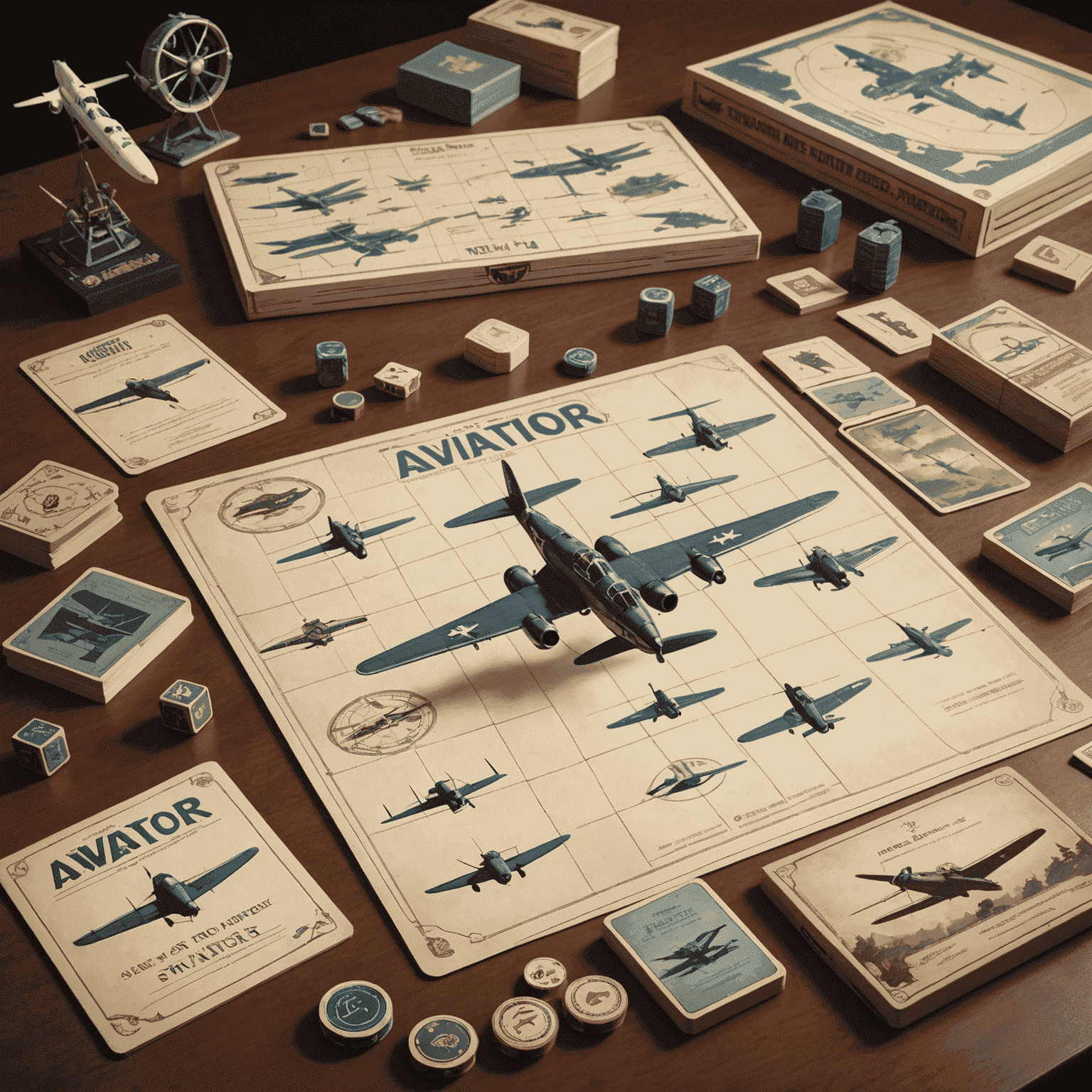 A vintage-style illustration showing the evolution of the Aviator board game, from initial sketches to the modern game box, with various aircraft silhouettes in the background