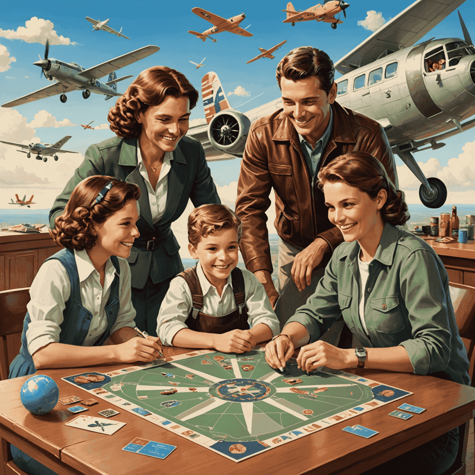 A family gathered around a table, playing the Aviator board game. The game board features a stylized airplane and various flight-related elements. Everyone is smiling and engaged.