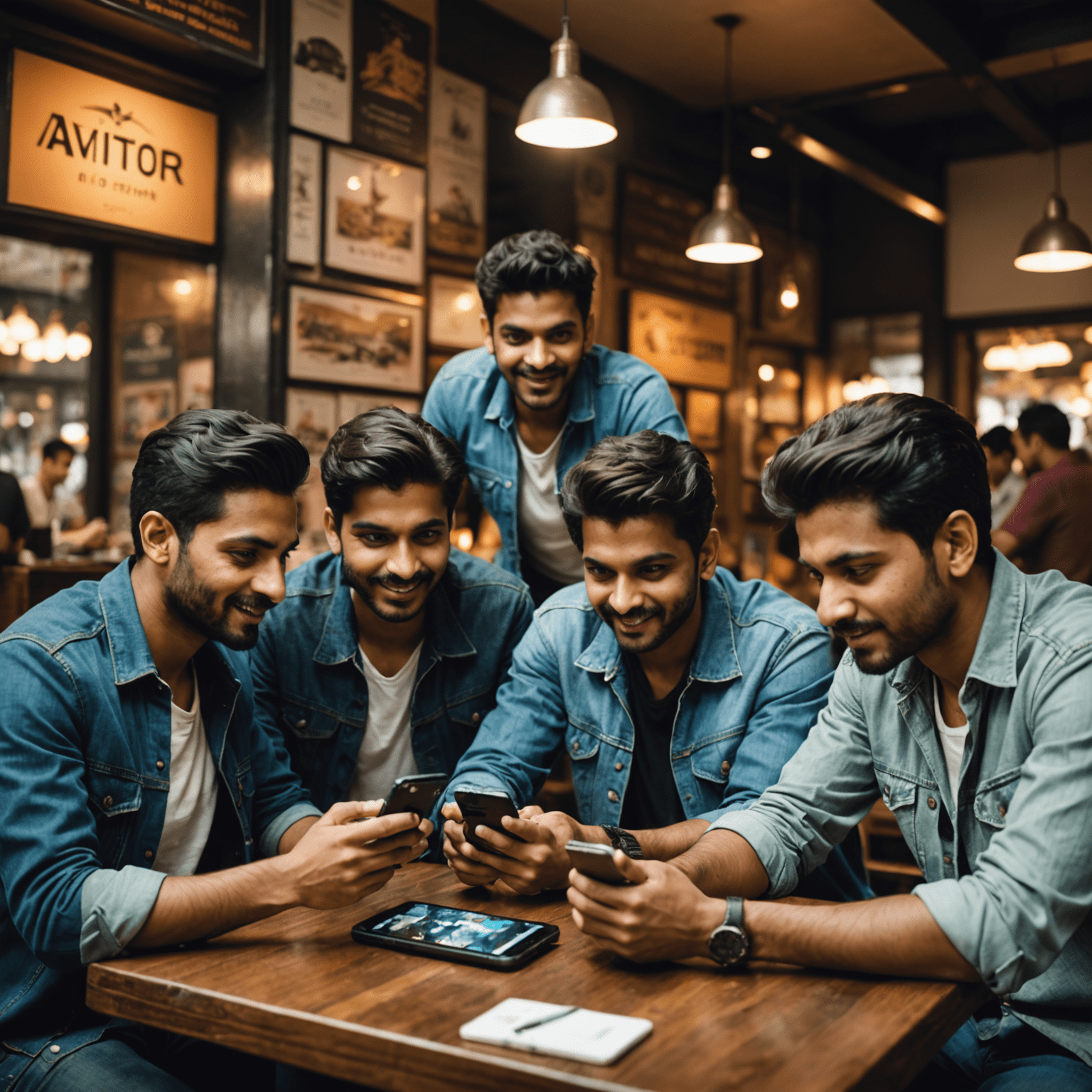 A group of Indian gamers enthusiastically playing Aviator on their smartphones in a bustling cafe in Mumbai