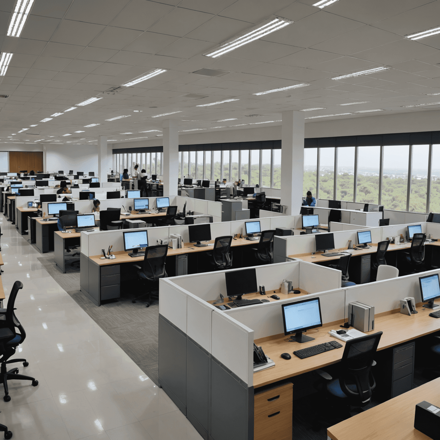 Panoramic view of Aviplgm's modern open-plan office in India, with employees working at their desks and collaborative spaces visible