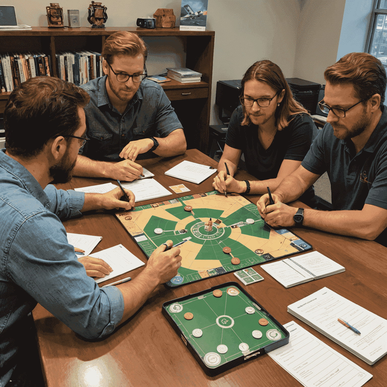 A group of diverse individuals gathered around a table, playtesting an early prototype of the Aviator board game, with notepads and pencils for feedback