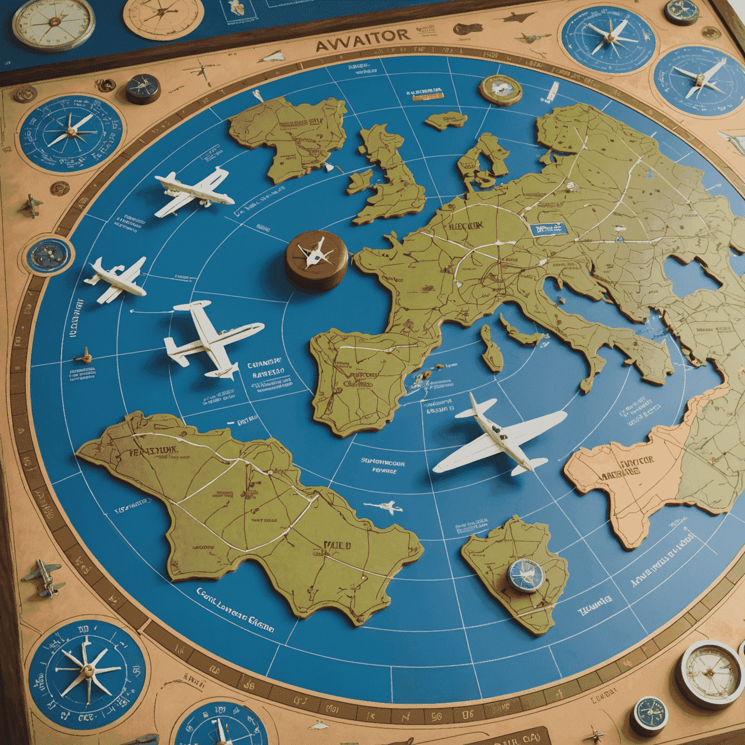 Close-up of the Aviator game board, showing intricate details of flight paths, airports, and weather conditions. Game pieces shaped like small airplanes are visible.