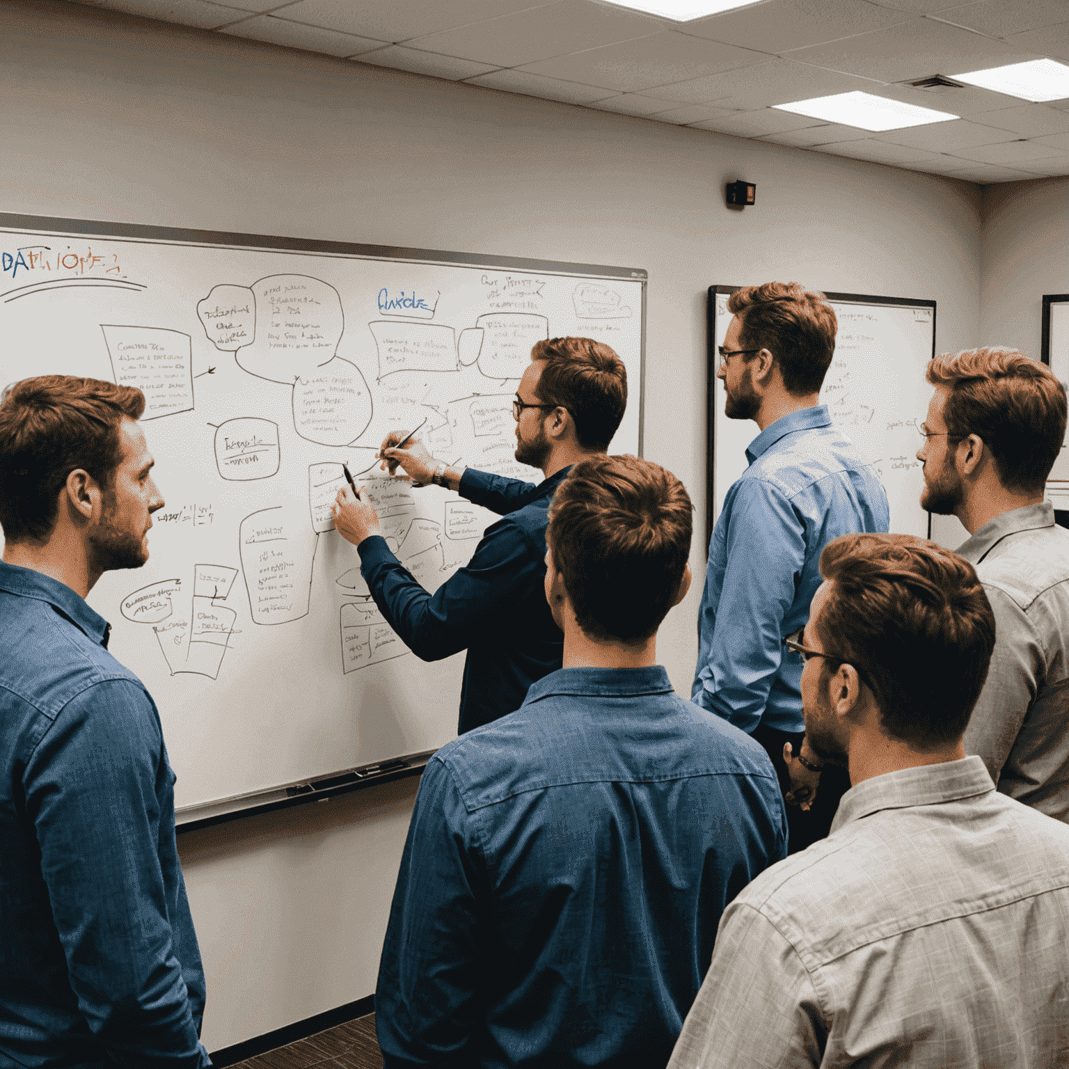 Aviplgm team members engaged in a morning huddle, discussing Aviator game strategies around a whiteboard filled with sketches and notes