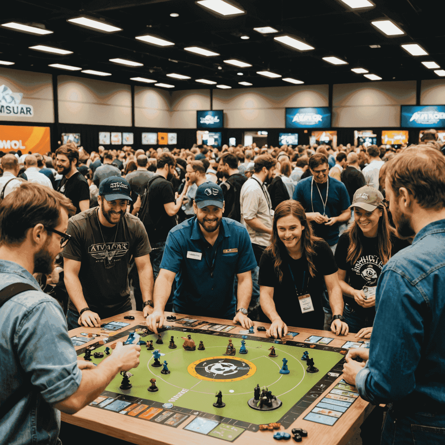 A bustling board game convention scene with the Aviator game prominently displayed, surrounded by excited attendees and industry professionals