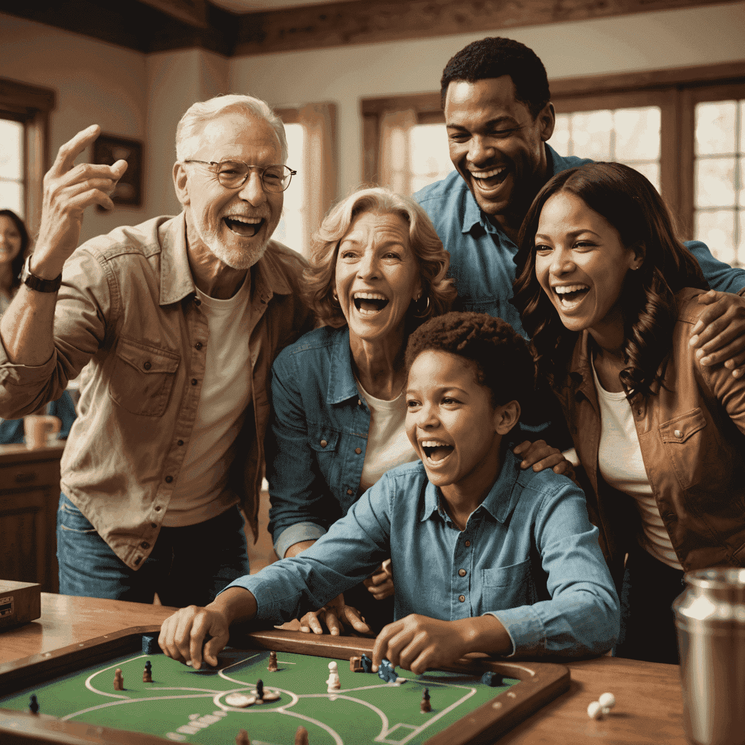 A diverse group of family members reacting joyfully to a move in the Aviator game. The image captures the excitement and engagement of players of different ages.