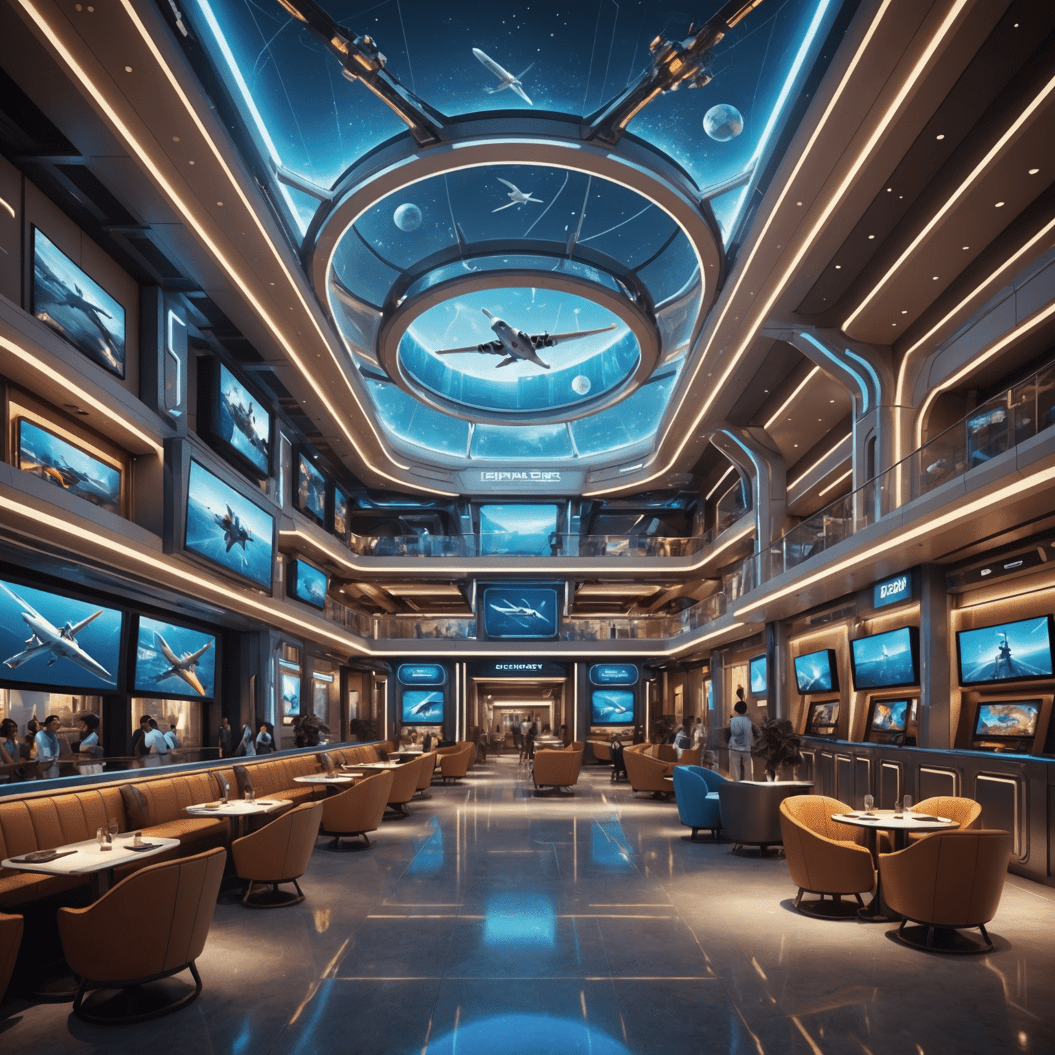 A futuristic rendering of an Aviator-themed entertainment complex in New Delhi, with holographic displays and VR gaming zones