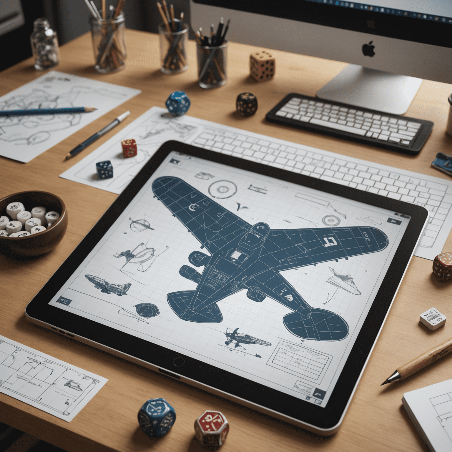 Close-up of an Aviplgm designer's desk with sketches of Aviator game pieces, a tablet showing digital renders, and a prototype Plinko-inspired game board