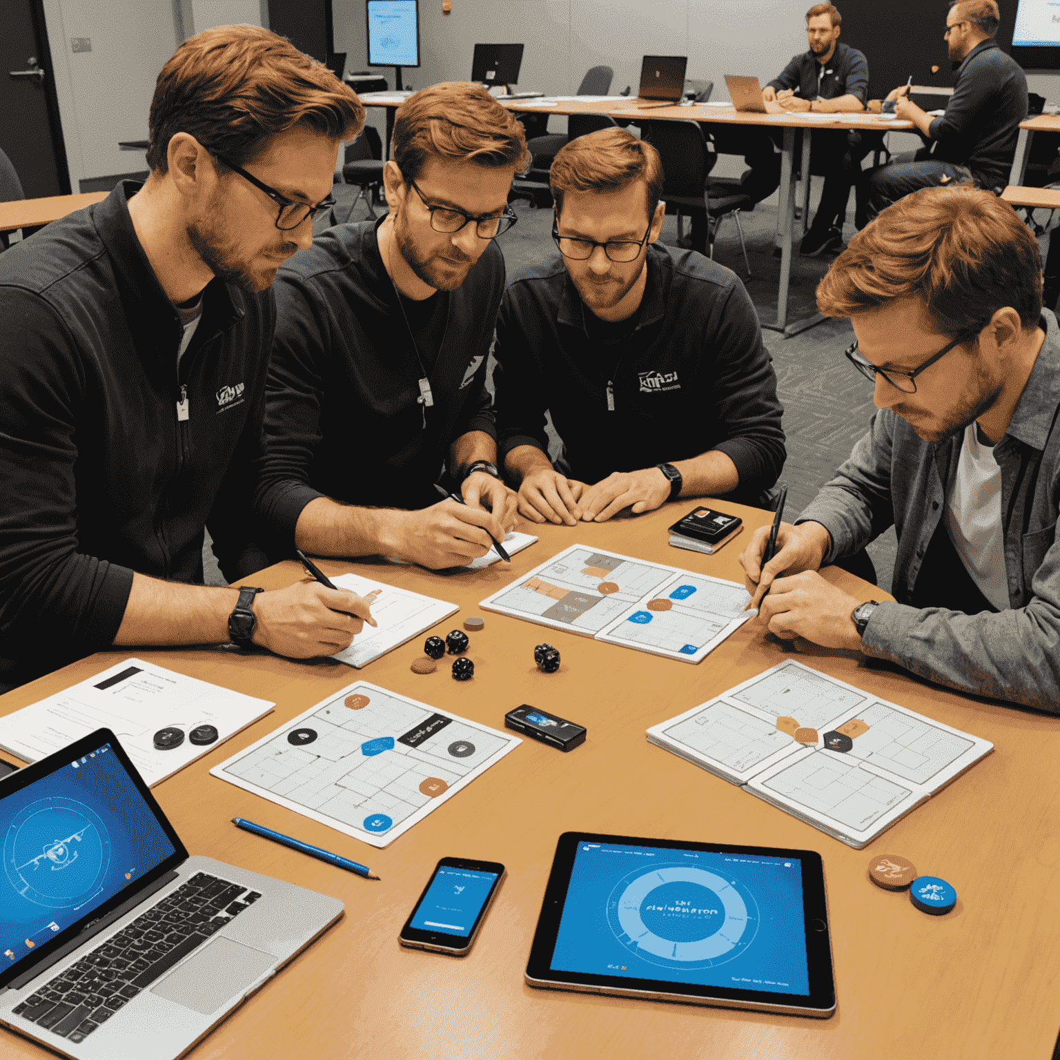 Aviplgm QA team members playing and testing various prototypes of the Aviator board game, with notebooks and tablets for recording observations